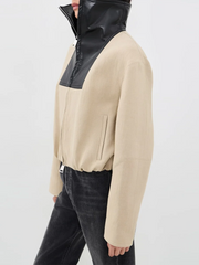 Contrast Stand Collar Cropped Zip Jacket