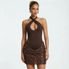 Sequin Patchwork Halter Tank Mini Bodycon Dress