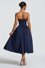 Blue Strapless Lace Up A-Line Midi Dress