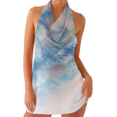 Printed Mesh Halter Low Neck Mini Dress