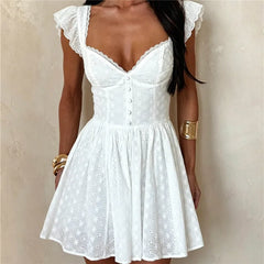 Eyelet Embroidery V-Neck Ruffle Cap Sleeve Mini Dress