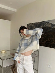 Plaid Loose O-Neck Short Sweater