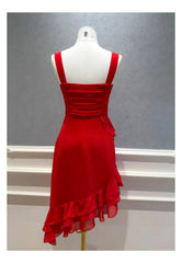 Red Ruffled Sweetheart Neck Strappy Irregular Hem Midi Dress