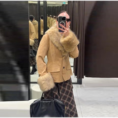 Brown Suead Faux Fur Patchwork Jacket