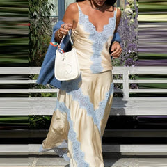 Lace Trim Patchwork Satin Cami Top And Maxi Skirt Set