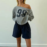 Grey Off Shoulder Long Sleeve Jersey Number Graphic Tee