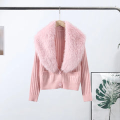 Pink Faux Fur Collar Knit Cardigan