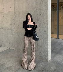 Black Long Sleeve Cut Out Drape Halter Top - Y2K Skinny Fit