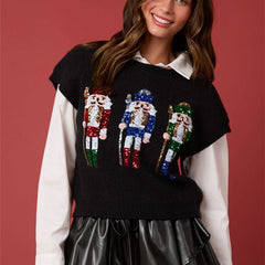 Sequin Nutcracker Graphic Crewneck Sleeveless Sweaters