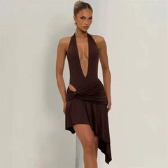 Deep V-Neck Halter Twisted Pleated Waist Irregular Hem Mini Dress