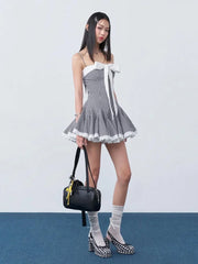 Black Plaid Bow Lace Trim A-line Mini Dress