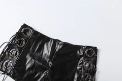 Black Metal Rings Faux Leather Tassel Shorts