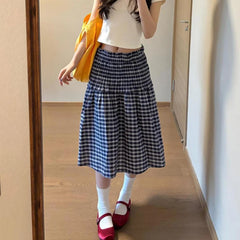 Blue Elastic High Waist Plaid Skirt - Casual A-Line