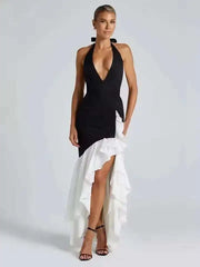 Deep V-neck Ruffles High Split Maxi Dress