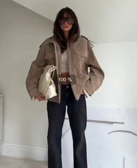 Brown Suede Zipper Cropped Jacket