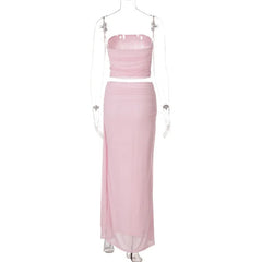 Pink Mesh Tube Top And Long Skirt Two Piece Set