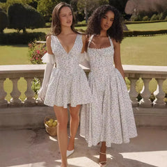 White Deep V-neck Blue Floral Print Mini Dress