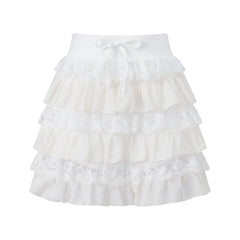Drawstring Lace Trim Tiered Ruffle Mini Skirt