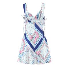 Blue Floral Print Lace Bow Mini Sling Dress