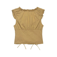 Brown Lace Up Short Sleeve Buttoned Top