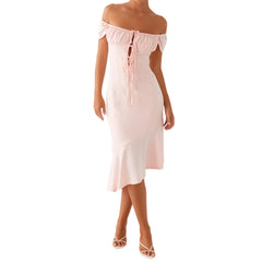 Pink Off-Shoulder Puff Tie Up Midi Dress