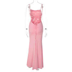 Solid Backless Lace-up Spaghetti Strap Maxi Dress
