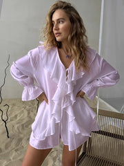 Ruffle Tie Up Shirt And Shorts Two Piece Set
