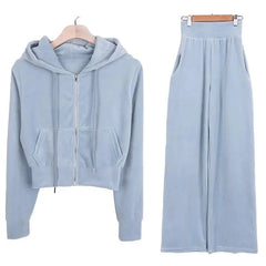 Velvet Hooded Zipper Crop Jackets And High Waist Straight Wide Leg Pants Set