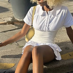 White Short Sleeve Collar Button Corset Patchwork Mini Dress