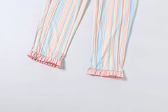 Colourful Stripe Ruffles Edge Crop Top And Capri Pants Set