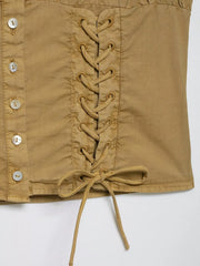 Brown Lace Up Short Sleeve Buttoned Top