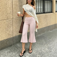Low Waist Metal Eyelet Capri Flare Pants