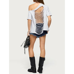 Off Shoulder Short Sleeve Distressed Tee