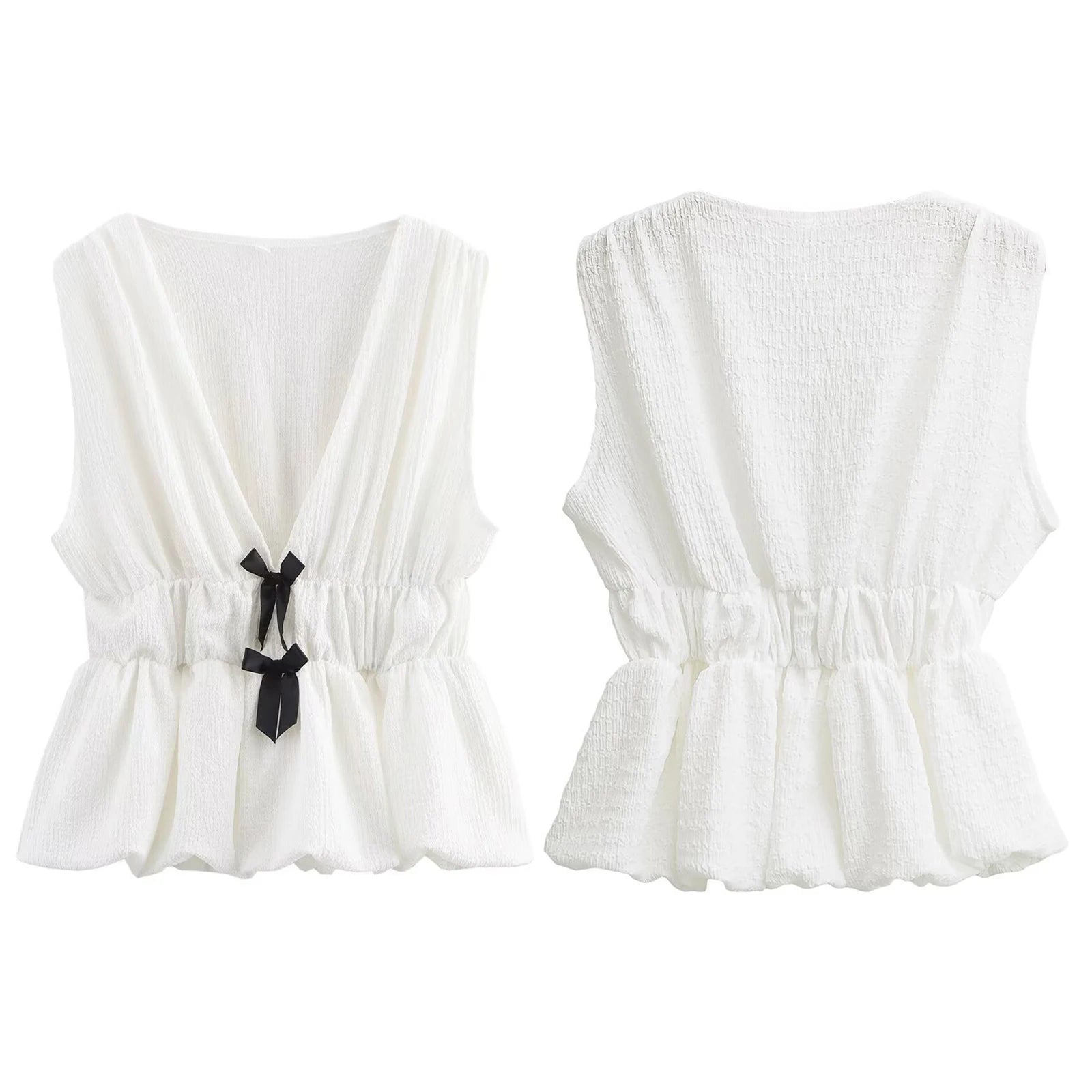 Two white crop tops with black ribbons on a white background