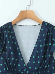 Navy Floral Print V Neck Puff Sleeve Mini Dress