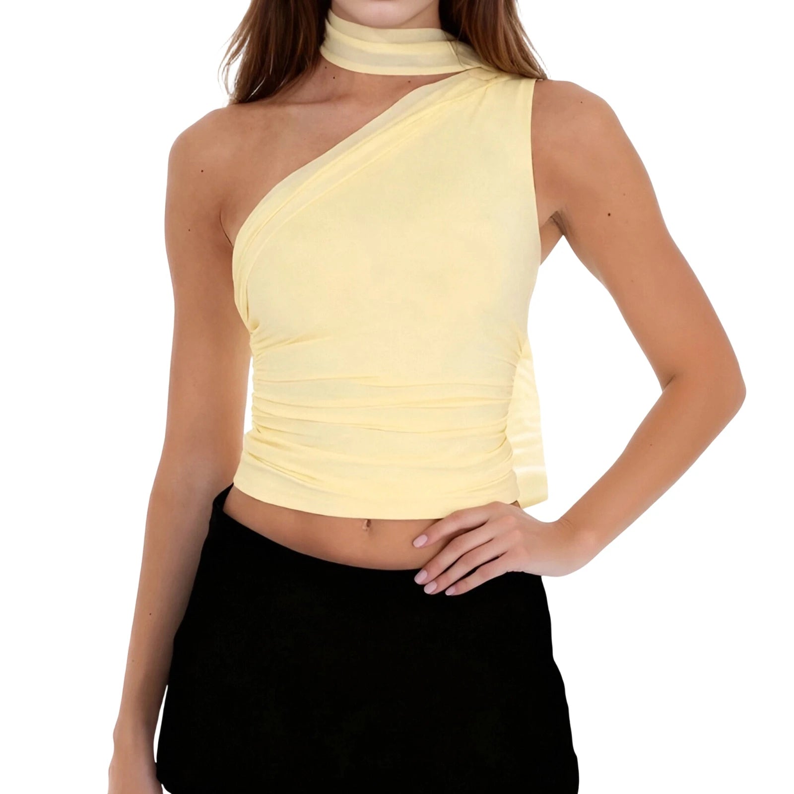 Woman wearing a yellow one-shoulder top on a white background