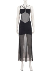 Black Sheer Halter Neck Patchwork Bodycon Long Dress