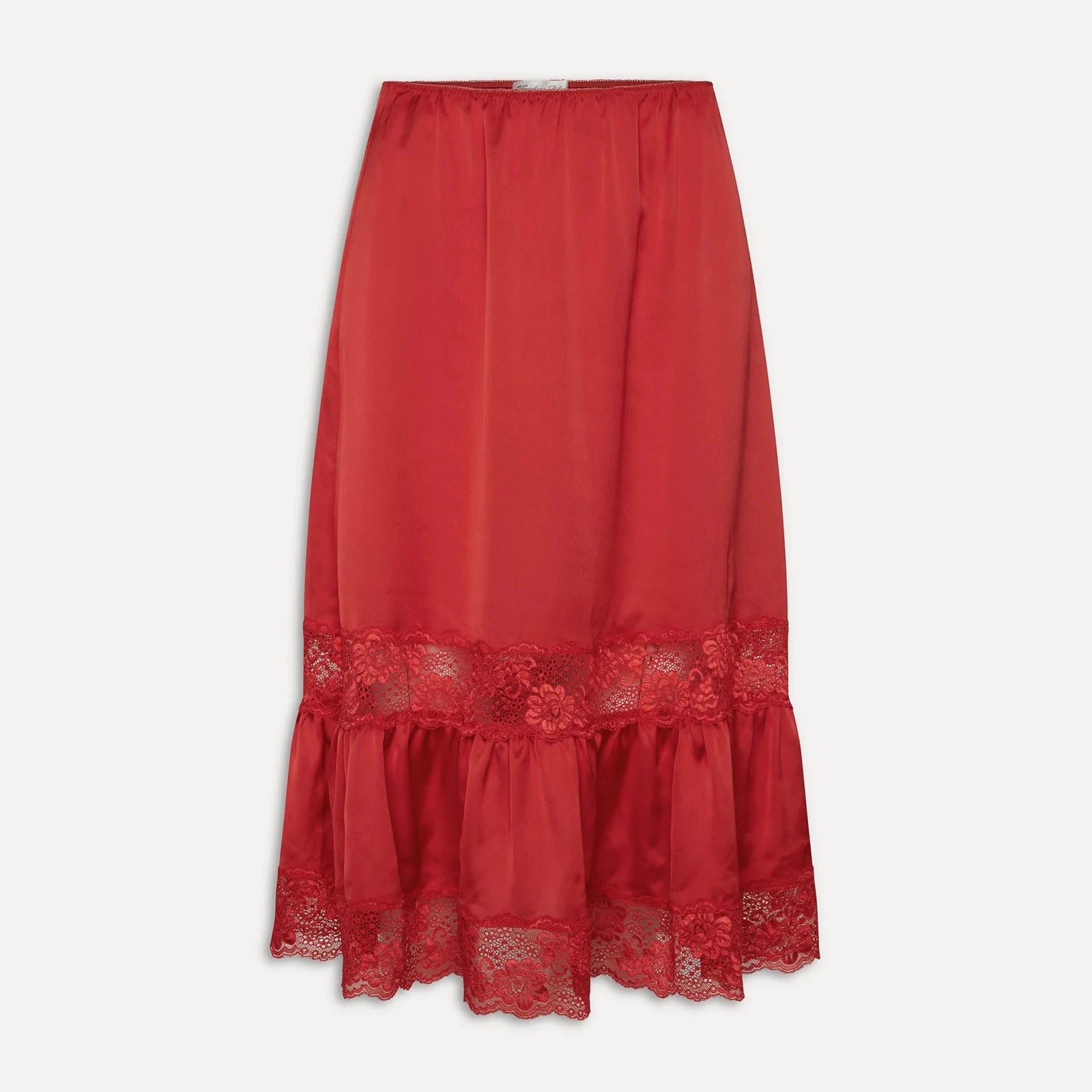 Red skirt with lace details on a light gray background