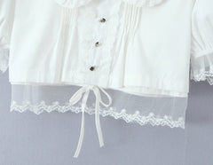 White Lace Hem Puff Sleeve Peter Pan Collar Crop Top