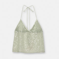 Sequin Sheer Open Back Tie Up Top
