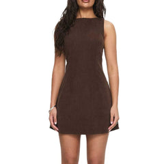 Brown Boat Neck Sleeveless with Bow Tied Belted Back Mini Dress