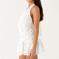 White Lace Halter Backless Tie Mini Dress
