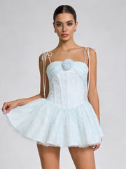 Tie Up Strap 3D Flower Embellished Tulle Mini Dress