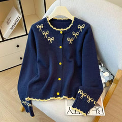 Jacquard Bow Round Neck Knitted Cardigan