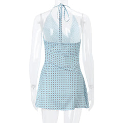 Blue Satin Polka Dot Cowl Neck Mini Dress