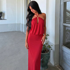 Red Halter Neck O‑Ring Maxi Dress