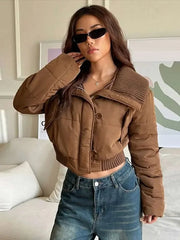 Solid Cropped Collar Button Puff Jacket