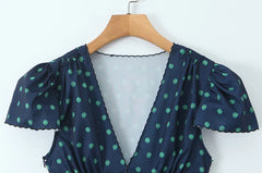 Blue Floral V-neck Short Sleeve Flare Mini Dress