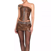 Brow Pu Printed Patchwork Corset And Mini Skirt Set