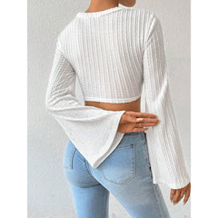 White Long Sleeve Tassel Trim Crop Top